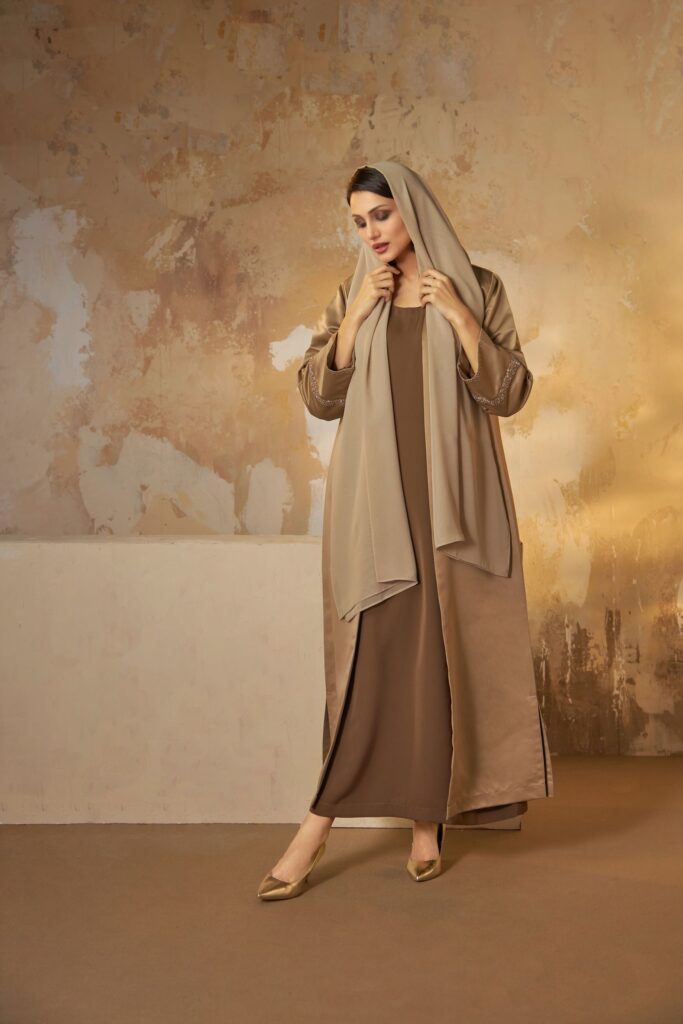 Beige Abaya with embellished sleeves 022